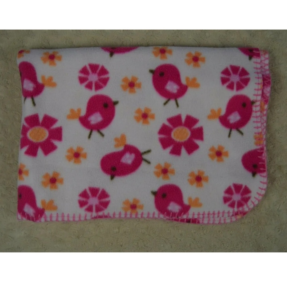 Garanimals Pink Birds Baby Blanket Orange Flowers Floral Fleece Stitched Edge